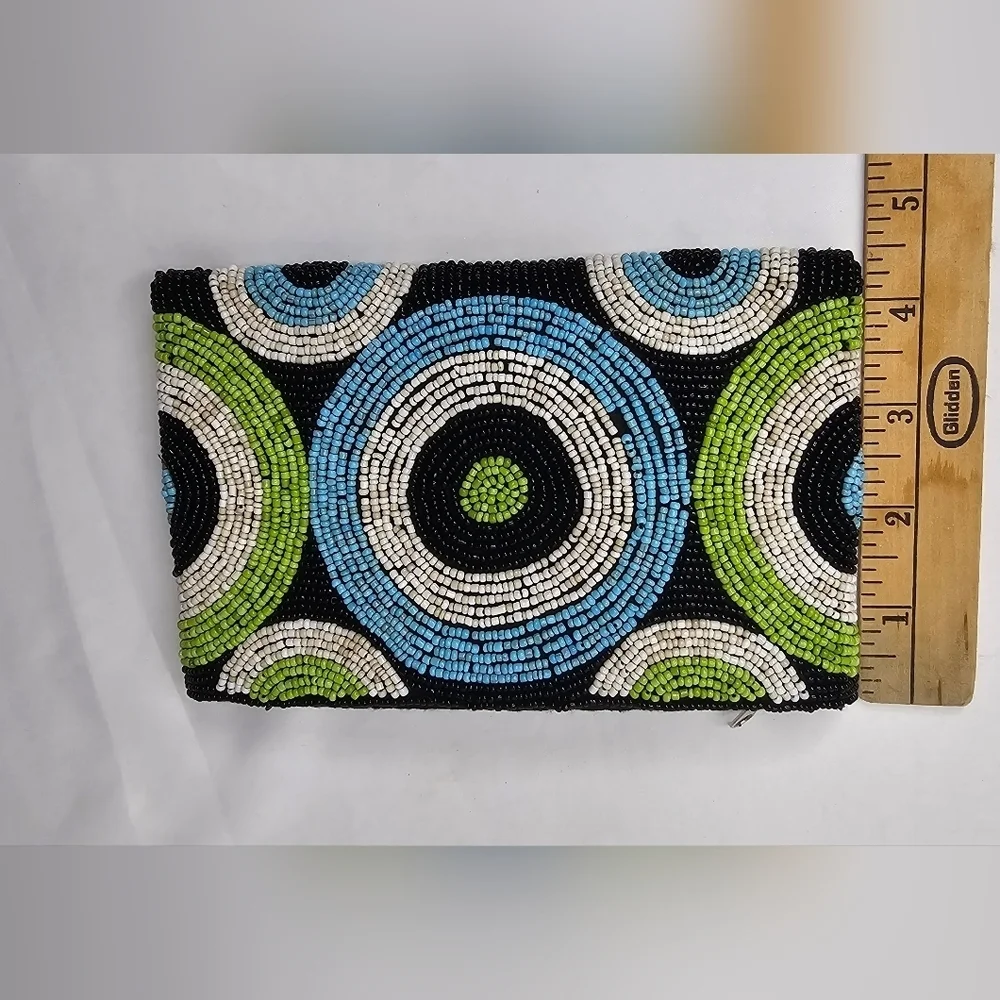 Vintage Beaded Zip Clutch Retro Purse Green & Brown MCM Circle Motif Pouch - Picture 6 of 8